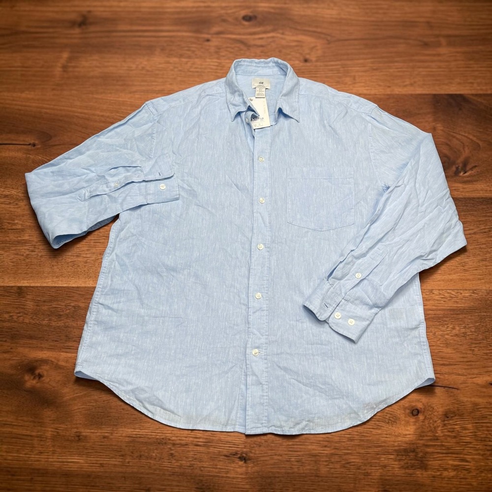 NEW HM Mens Loose Fit Linen Blend Beach Summer Resort Shirt‎ Light Blue MEDIUM